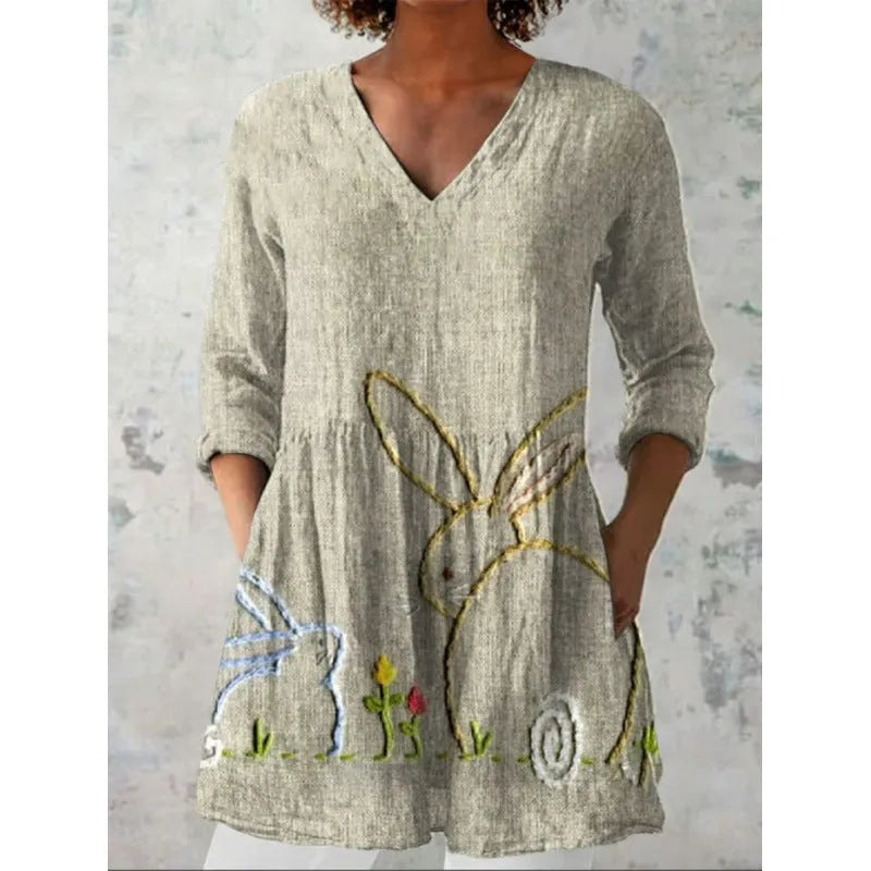 Women's printed loose dress with wave pattern, 3/4 sleeves and elastic waistband