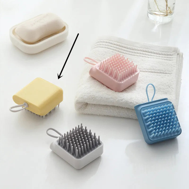 Soft TPR pet bath brush in pink with ergonomic handle for gentle grooming and massage