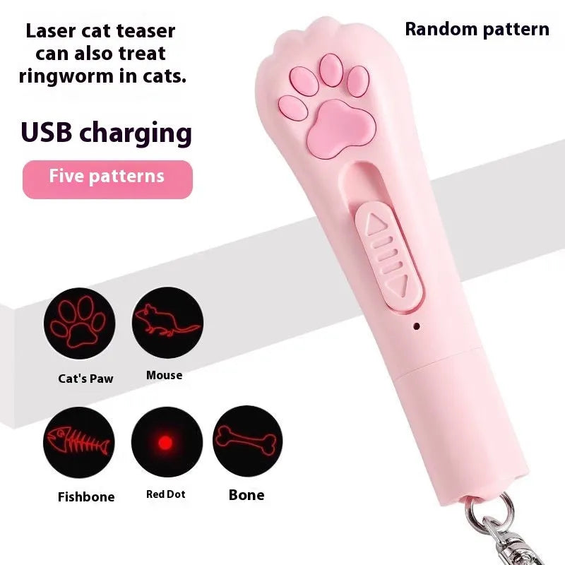 Colourful cat teaser wand toy with feather attachment and pen light charger for interactive play.