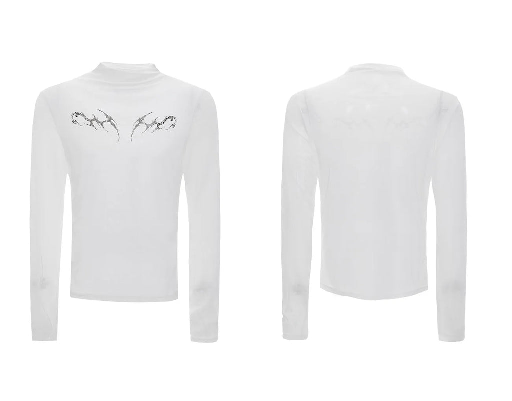 Niche mesh ice-feeling slim bottoming shirt in black, showcasing long sleeves and a trendy fit.