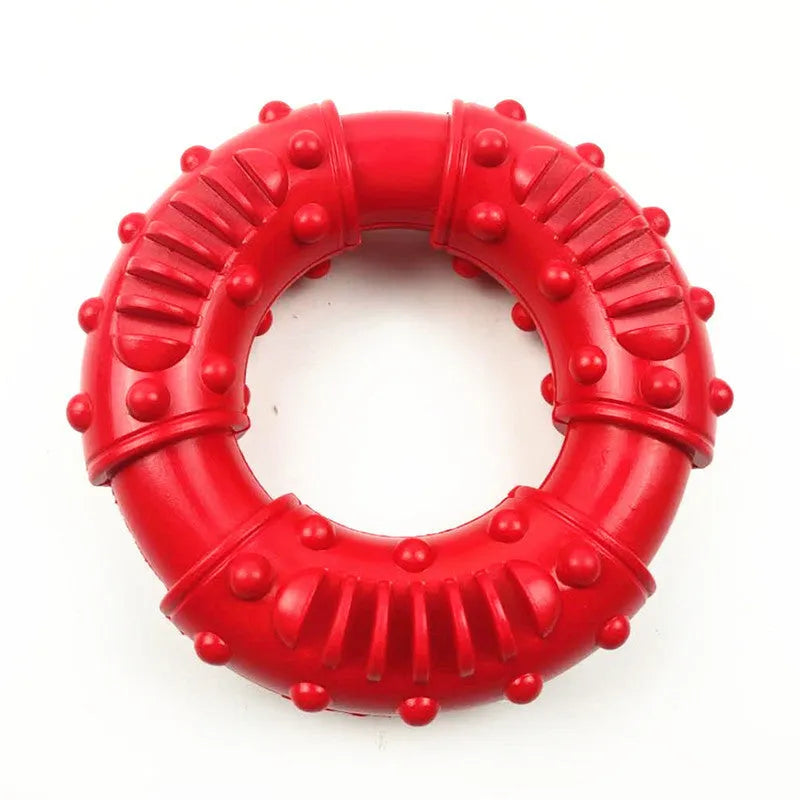 Lightweight hollow dog fetching stick toy in blue, orange, or red, showing bendy plastic construction for safe chewing and fetch games.