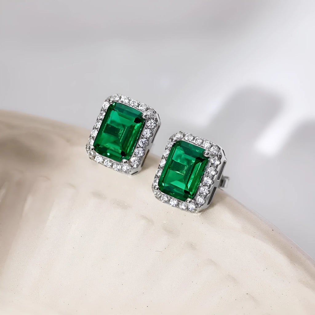Diamond and emerald symmetry stud earrings in platinum 925 silver 8.5 x 10.5mm