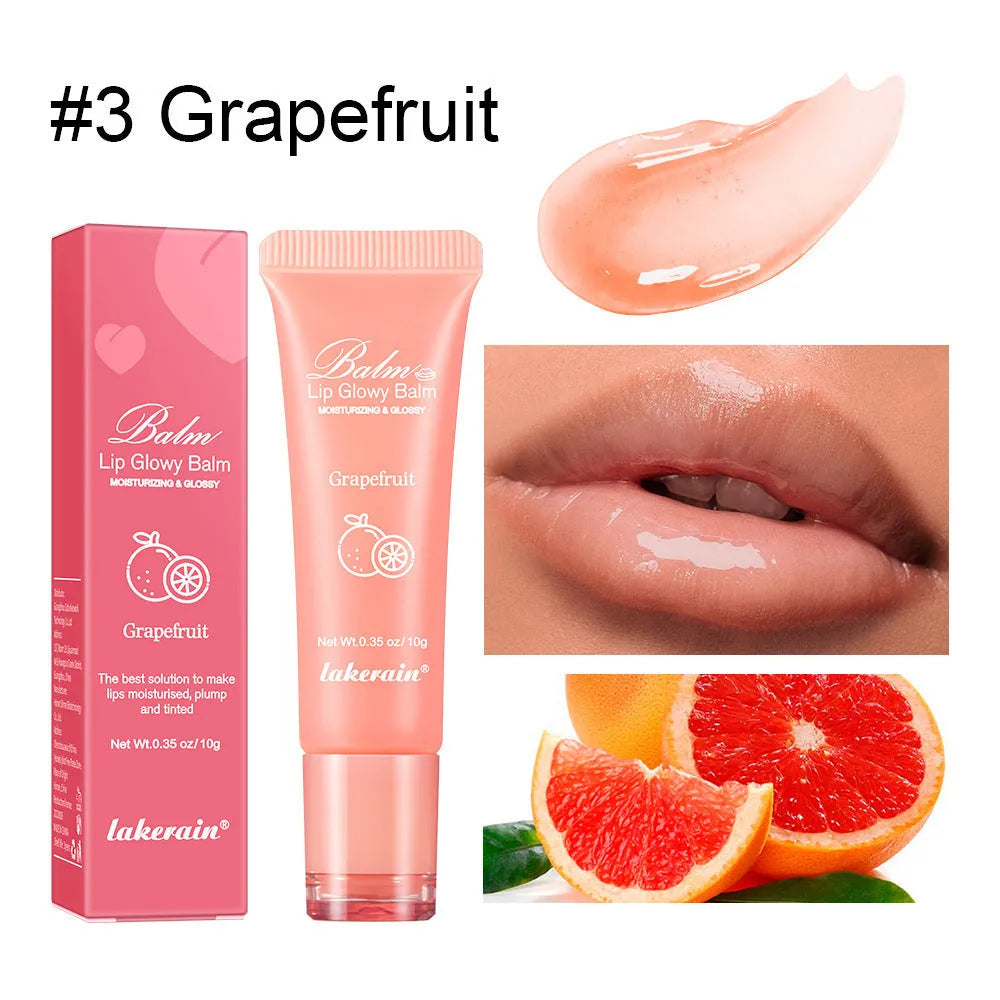 Women's flavoured lip gloss stick in berry, grape, grapefruit, and yellow peach shades.