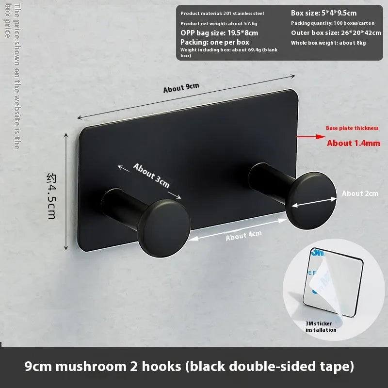 Screwless wall mounted clothes hook rack with mushroom head hooks in 3-hook configuration