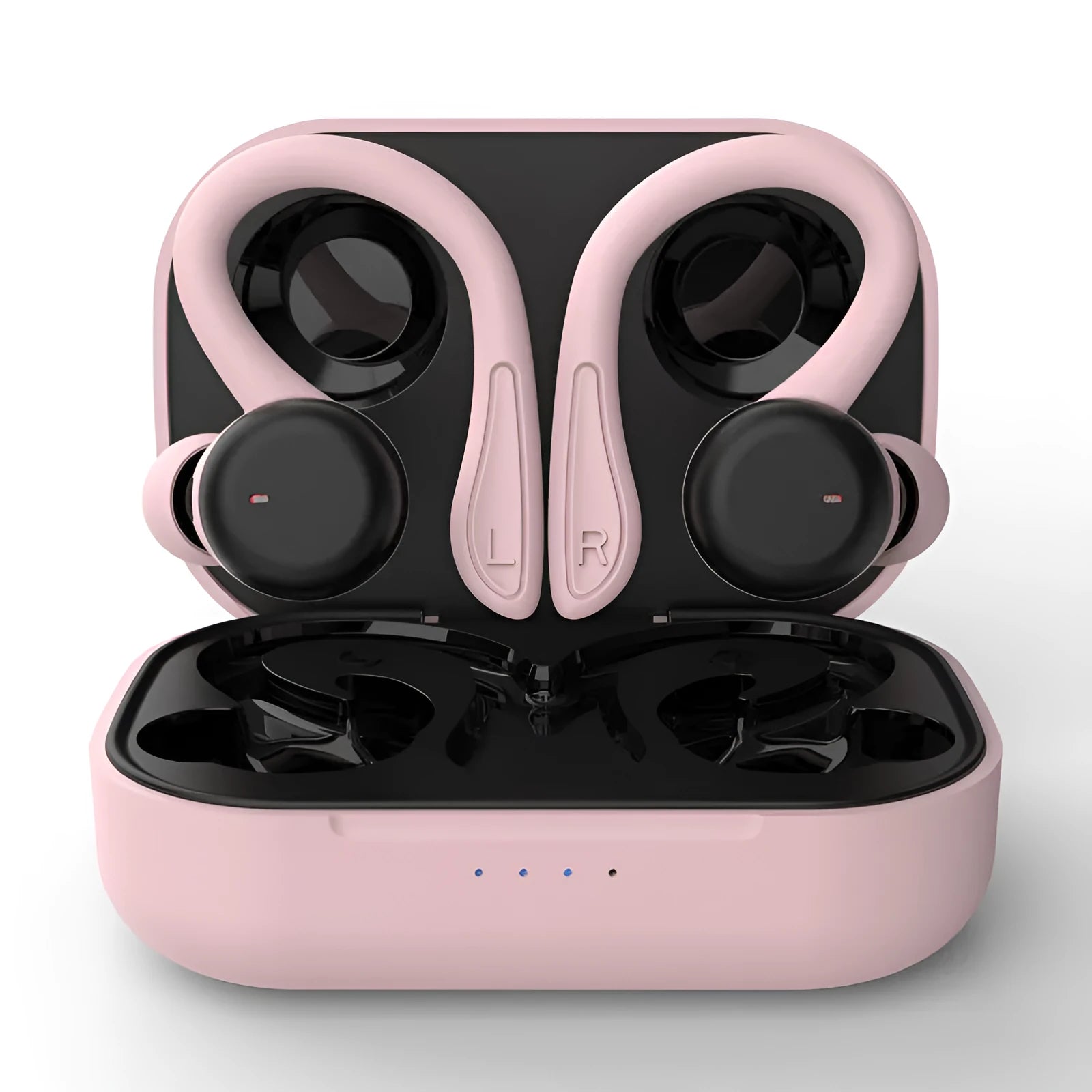 Bluetooth sports headphones with ear hooks in five colour options showing removable earbuds and charging case
