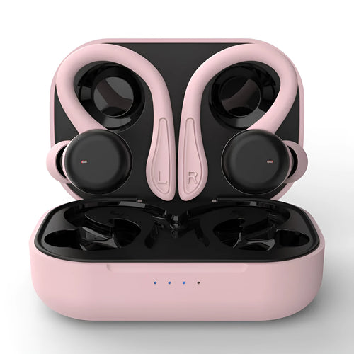 Bluetooth sports headphones with ear hooks in five colour options showing removable earbuds and charging case