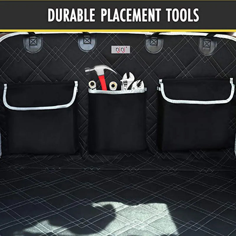 Black 600D Oxford cloth pet car trunk mat measuring 185x103cm with pockets for dog travel