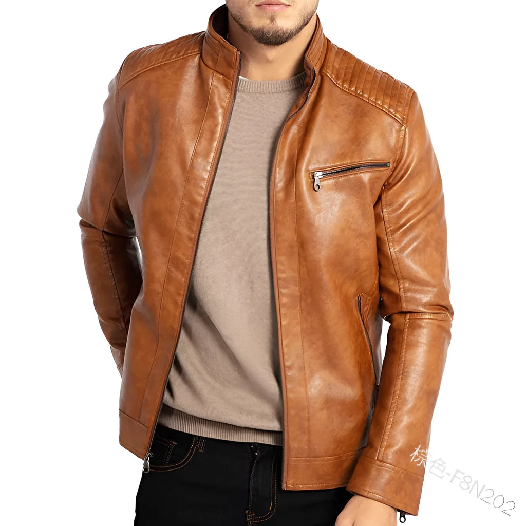 Men's brown artificial leather punk motorcycle jacket with a stand collar.