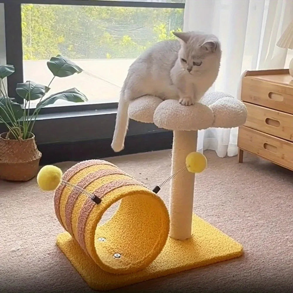 Yellow Bee cat climbing frame with sisal scratching board and tunnel, dimensions 46x36x25 cm