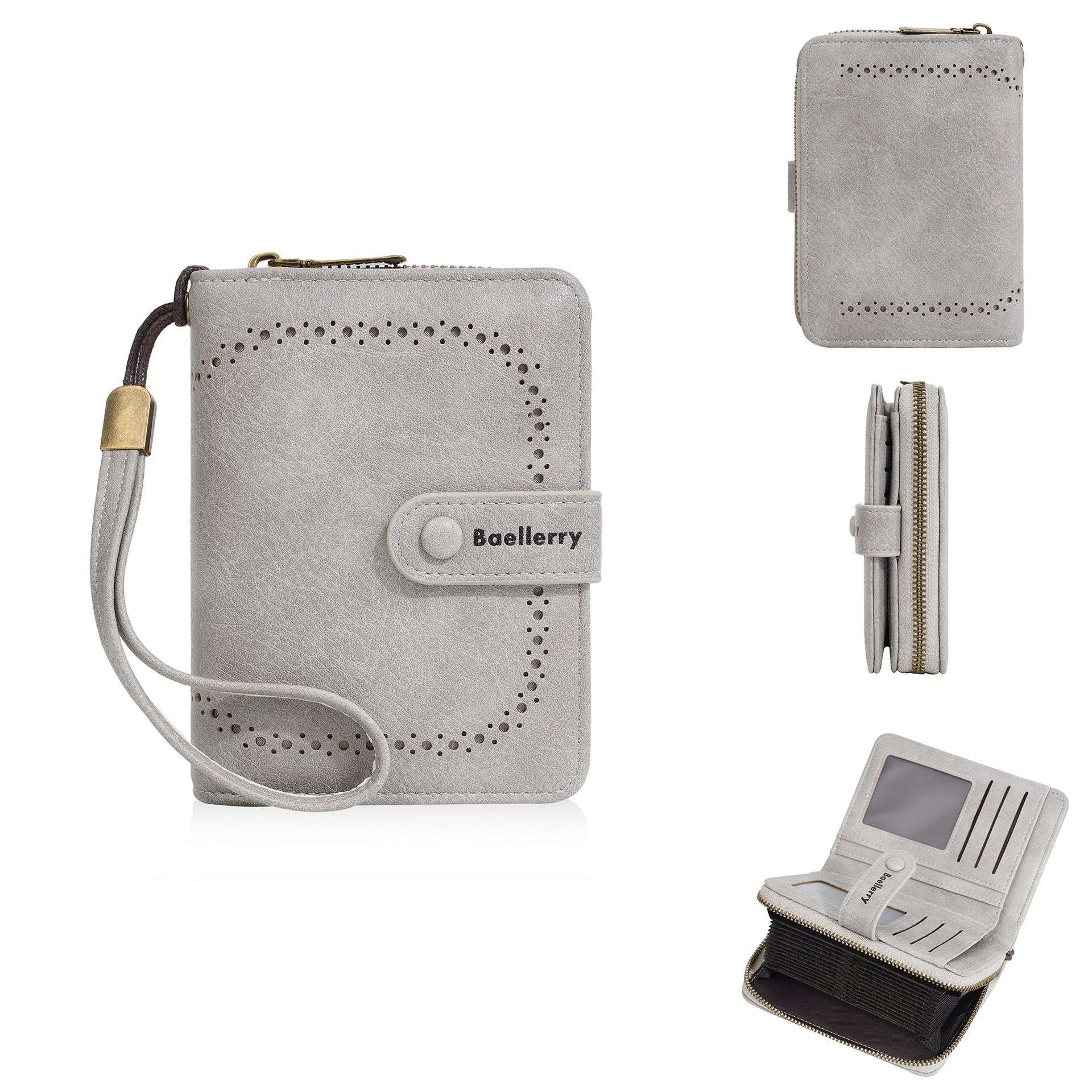 Women's black PU leather zipper coin purse with integrated card slots open.