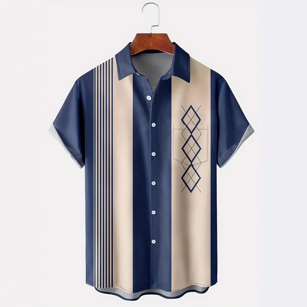 Men's plaid short-sleeve shirt cardigan with contrast lapel in elastic polyester fabric