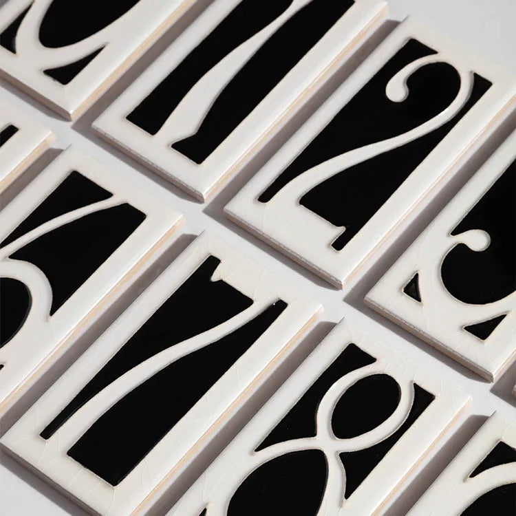 Handmade ceramic retro doorplate with enamel numbers measuring 76 by 152mm