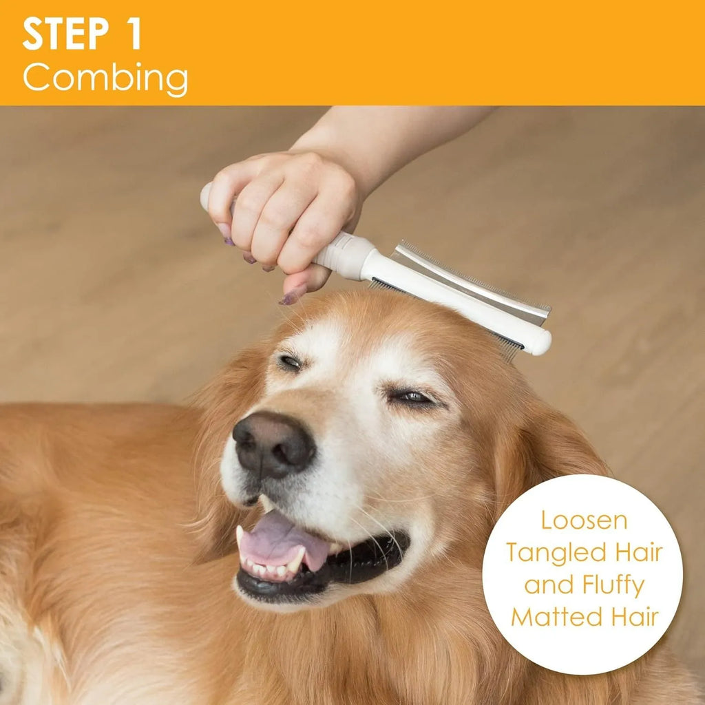 White 2-in-1 dog and cat grooming brush showing curved comb side and deshedding brush side
