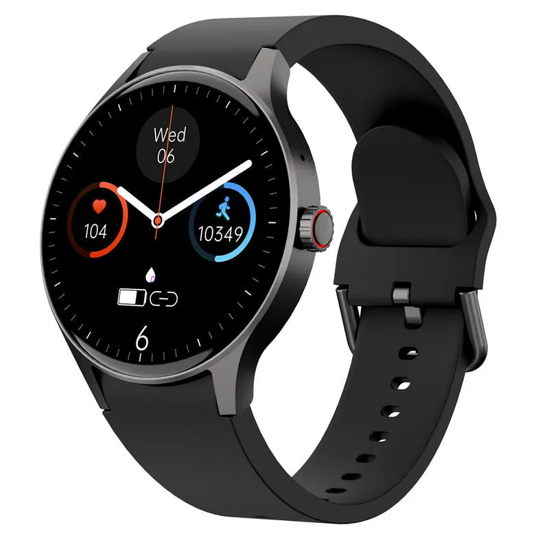 Smart Bluetooth sport watch with circular touchscreen display showing fitness metrics on wrist