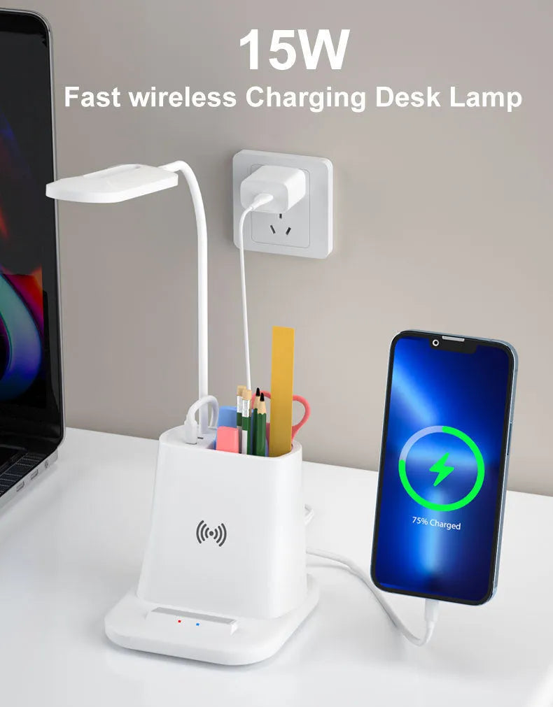 Modern minimalist desk lamp with wireless charging surface, pen holder, and storage compartments