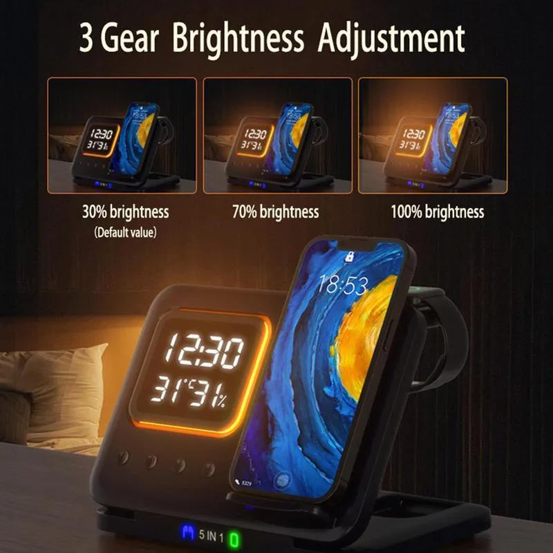 Black wireless charging station showing phone and watch charging with LED display showing time and temperature