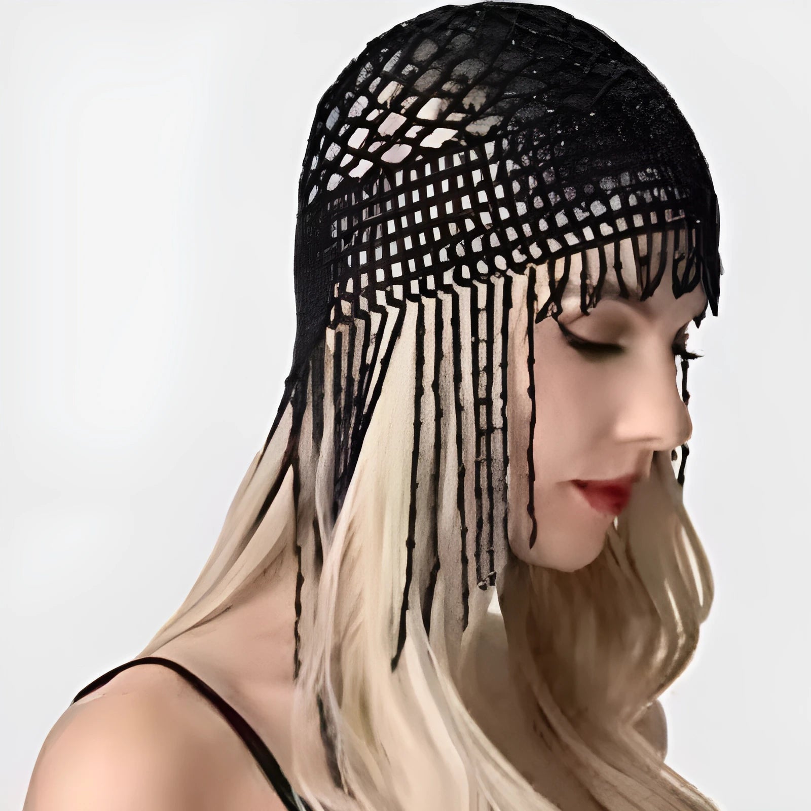 Alloy belly dance performance hat with beaded tassels in black or silver colour