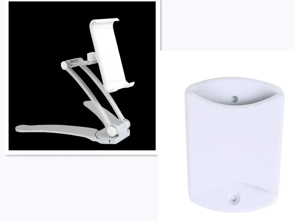 Silver aluminium desktop tablet stand with adjustable angle and folding clamp holding a tablet.