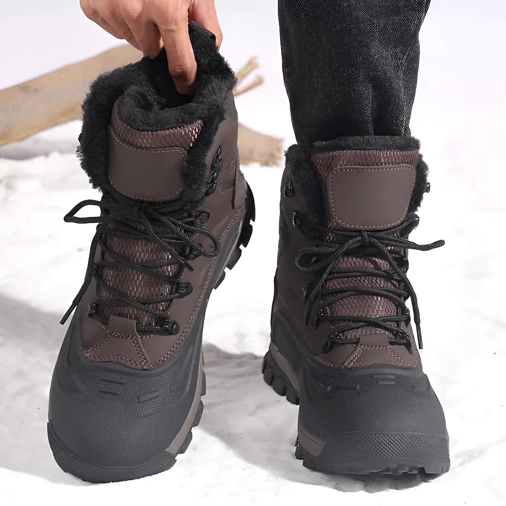 Men's black high-top winter boots with fleece lining and lace-up front, showing ribbed sole.