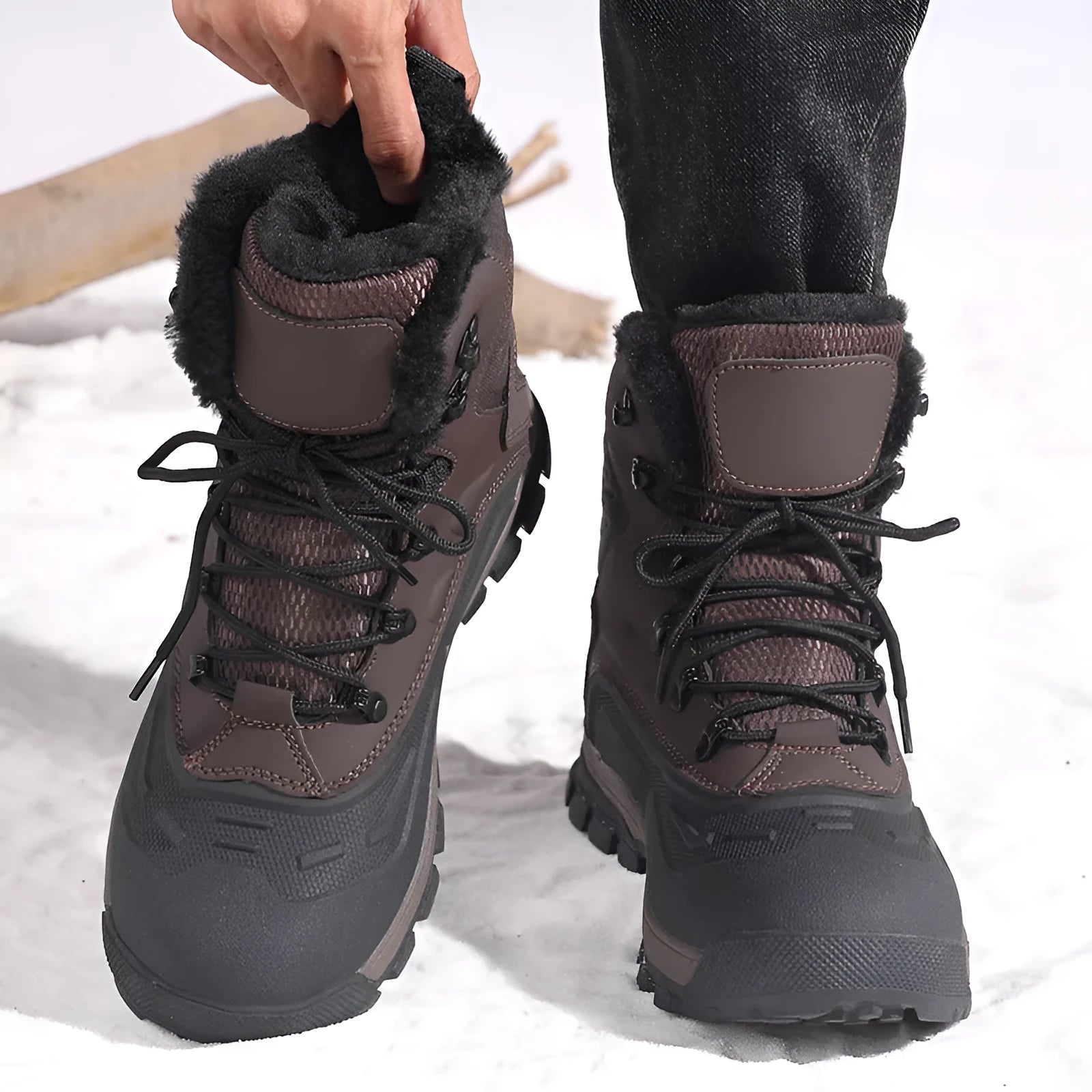 Men's black high-top winter boots with fleece lining and lace-up front, showing ribbed sole.