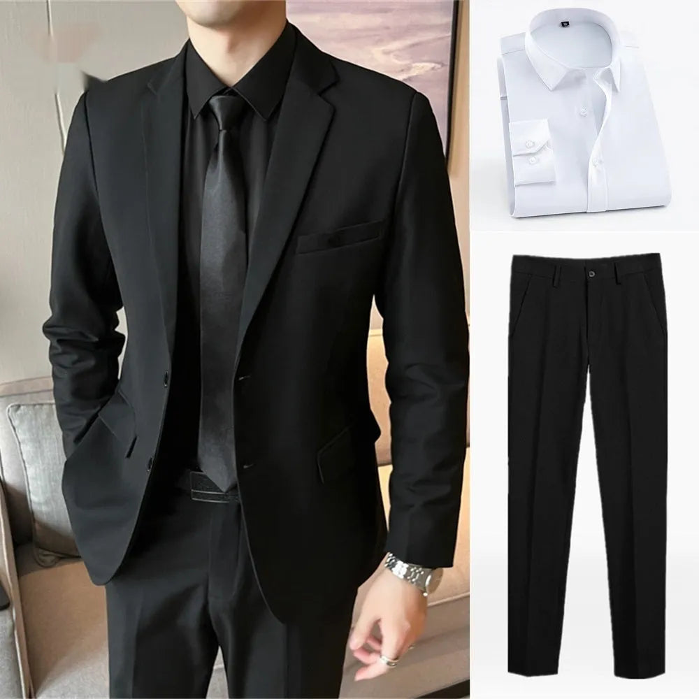 Men's slim fit corduroy suit set with shirt and tie in Korean style, spring collection