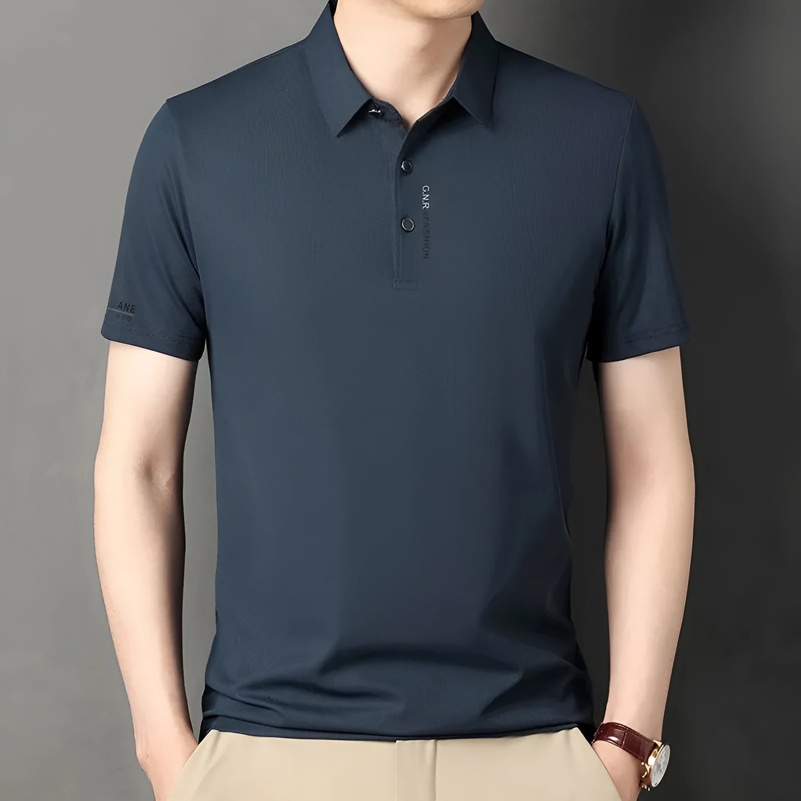 Men's waffle short sleeve polo shirt, loose fit, polyester, side slits, available in black, green, khaki, and other colours