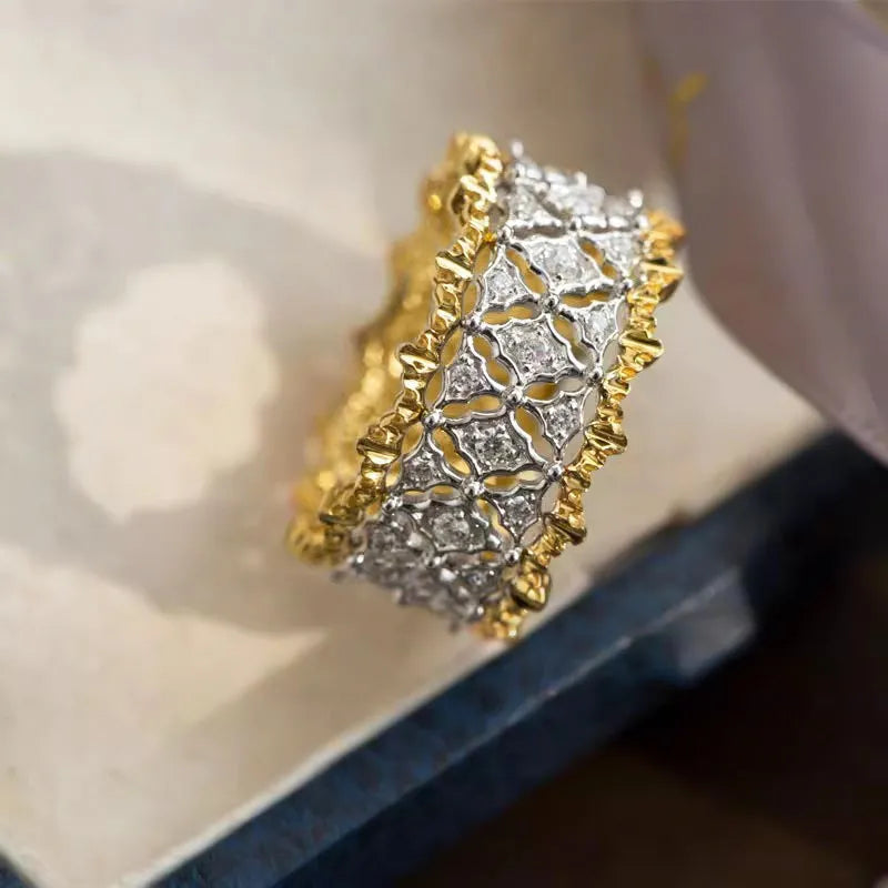 Geometric copper ring with round zircon and two-tone electroplated gold and silver finish