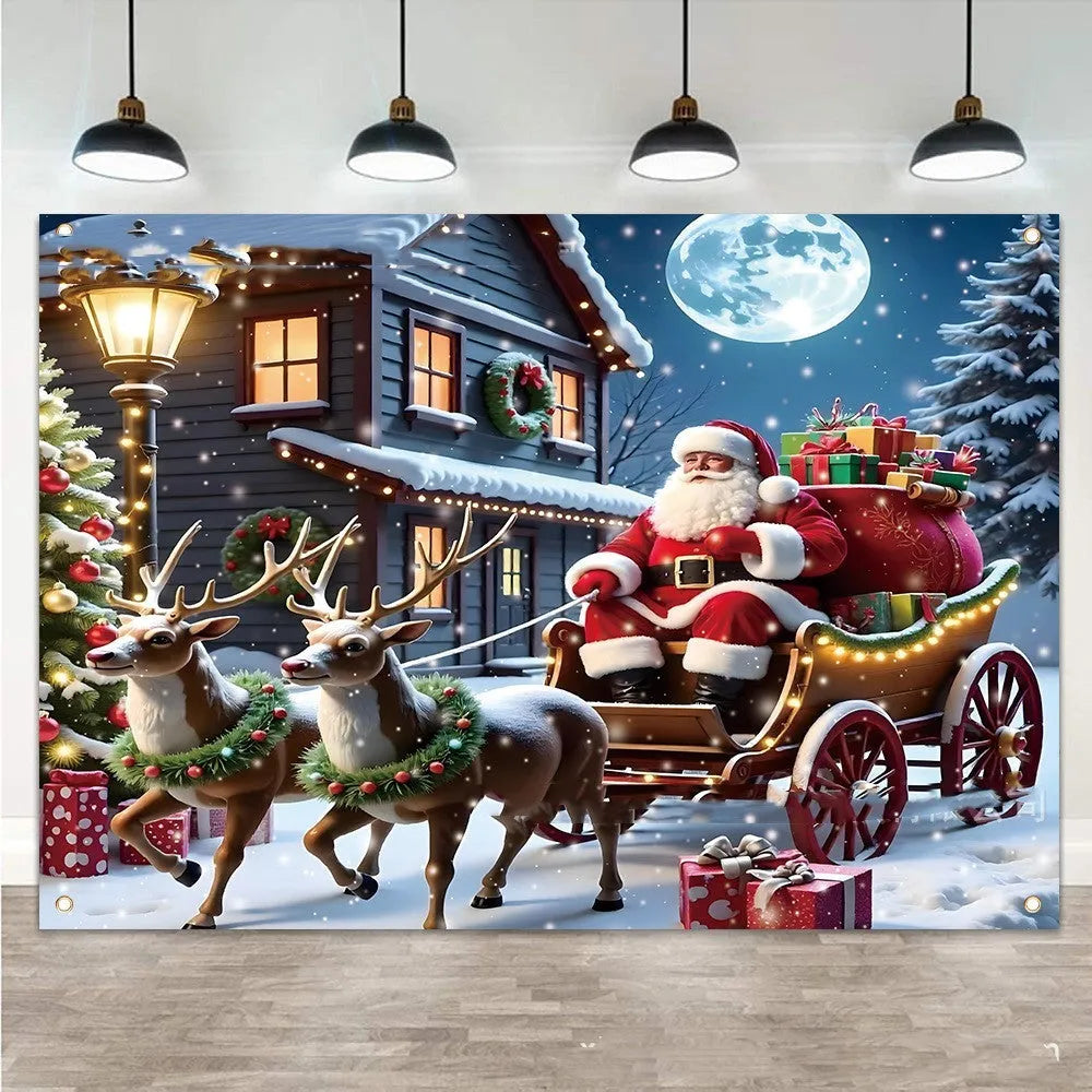 Large red and white Christmas banner with Santa Claus, starry night, and gift box graphics.