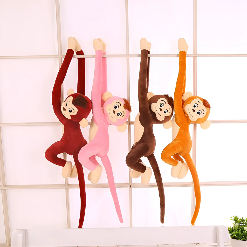 Soft plush monkey toy with long arms hanging from a curtain rod, available in 70cm and 90cm sizes and four colours