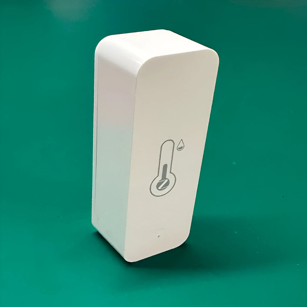 White WiFi and Zigbee temperature humidity sensor with ABS plastic housing showing measurement display