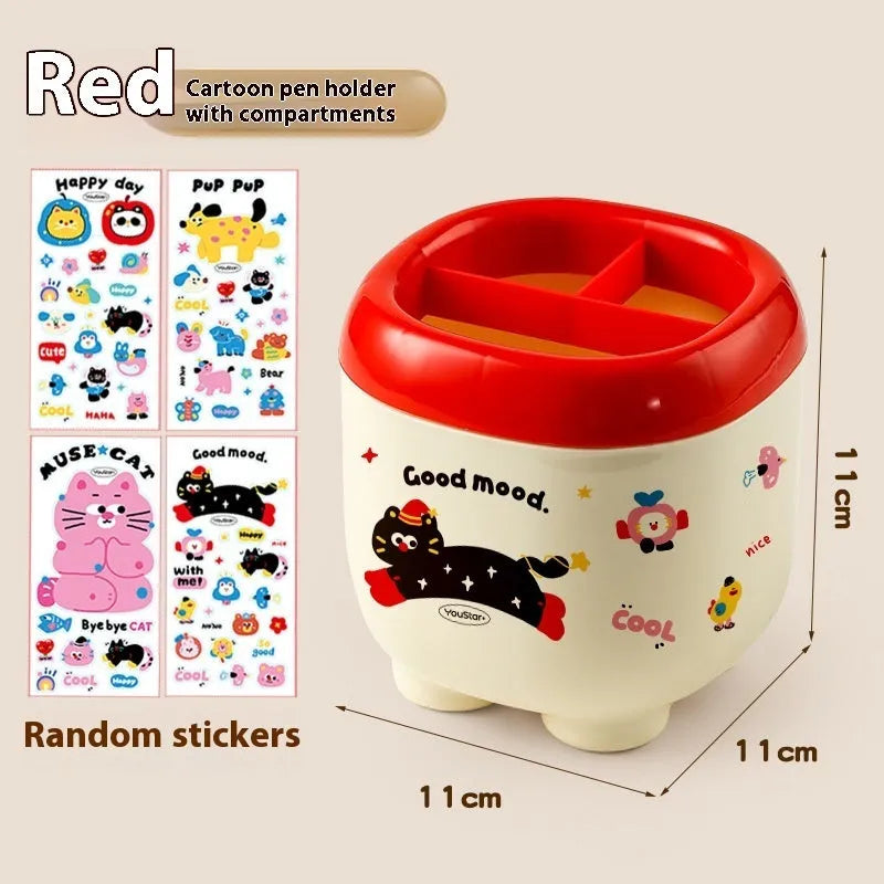 Cartoon-style red and brown plastic desktop storage organiser with 2L capacity and organisation stickers.