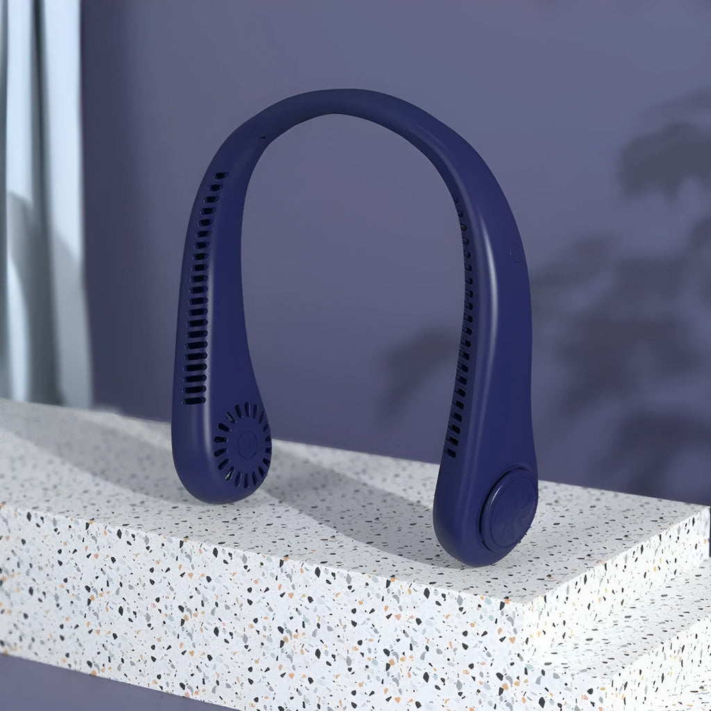Blue bladeless neck fan showing neckband design and airflow outlet