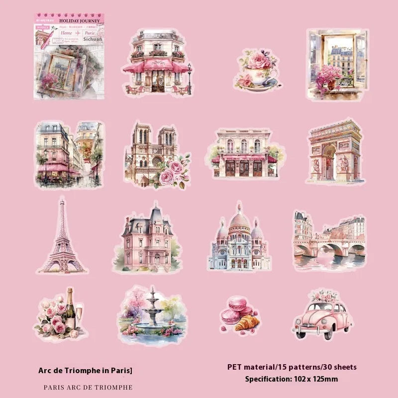 Six retro architecture journal stickers showing Paris Arc de Triomphe, London Big Ben, Maldives, Zurich, Rome Fontana di Trevi, and Bangkok Grand Palace