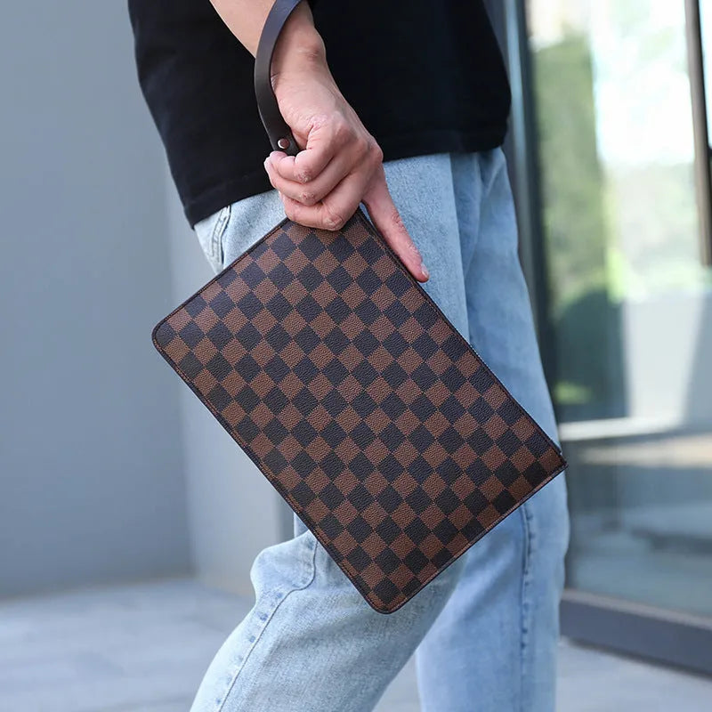 Men's soft PU leather clutch showing card slots, bill compartments, and zipper pocket