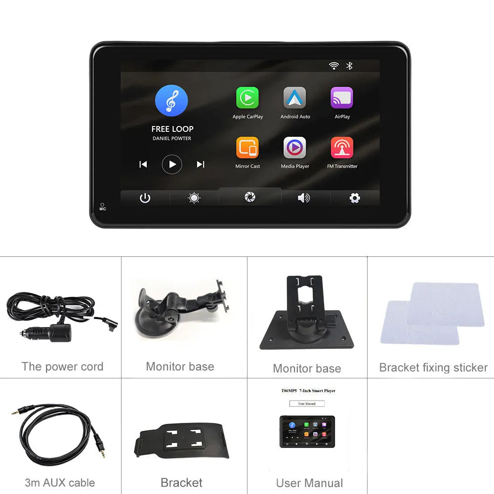 7-inch HD wired car dashboard screen player with universal mounting brackets and cigarette lighter power plug