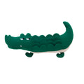 Green plush dog toy measuring 35cm long and 18cm wide for interactive pet play