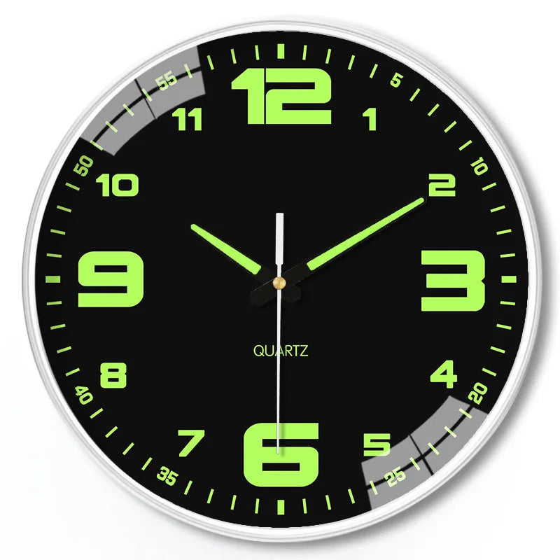 Modern 8-inch luminous wall clock with white dial on a plastic shell, mounted on a wall.