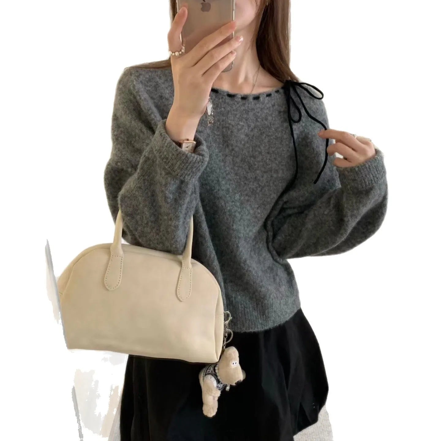 Women's loose-fitting grey knitwear pullover jumper made from regenerated cellulose fibre