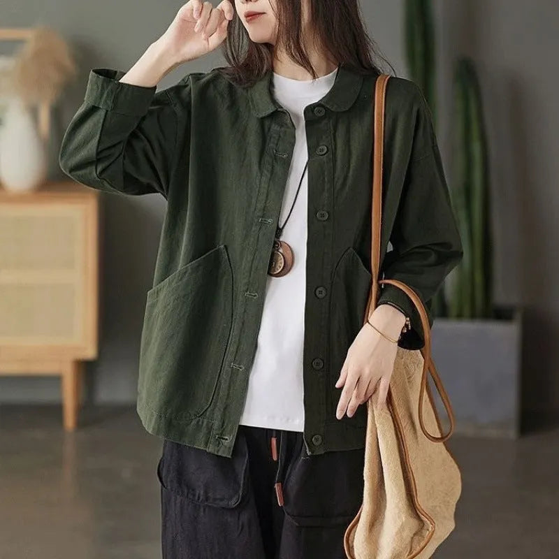 Retro cotton twill loose top with large pocket in khaki, women's casual commute style