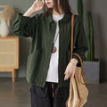 Retro cotton twill loose top with large pocket in khaki, women's casual commute style
