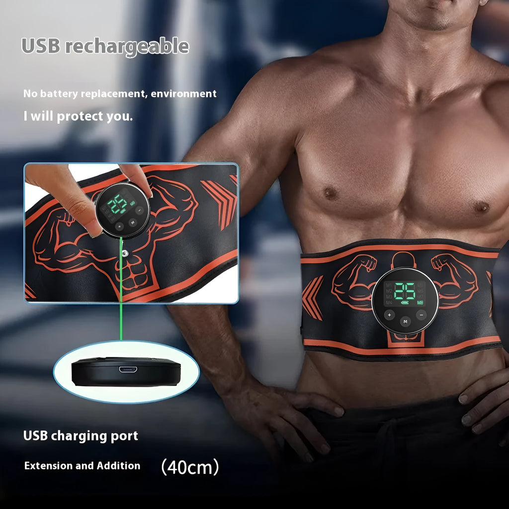 Rechargeable EMS smart massage belt and host unit in blue or orange with arm stickers