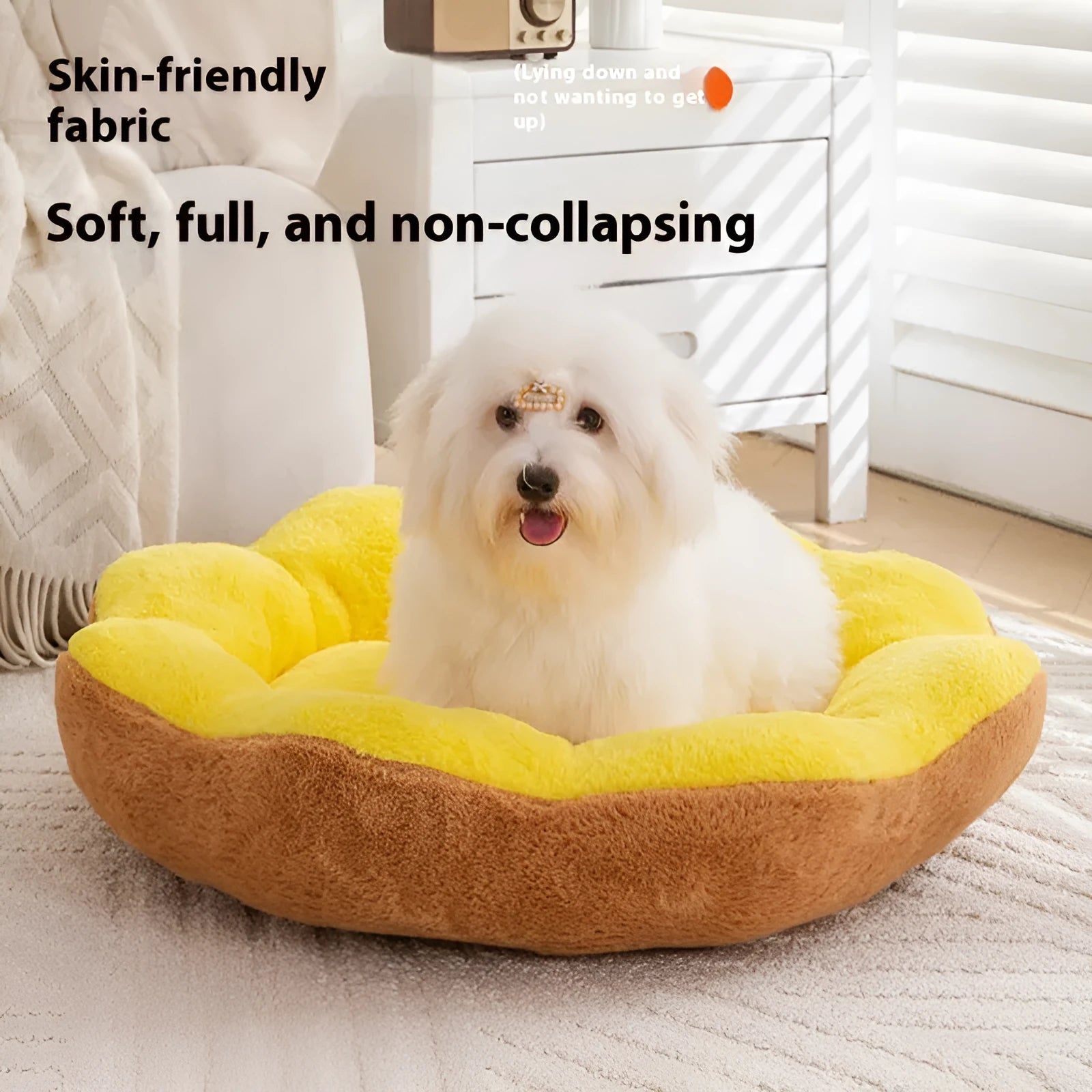 Round detachable rabbit plush pet bed in brown gray colour showing thick fabric and nest shape