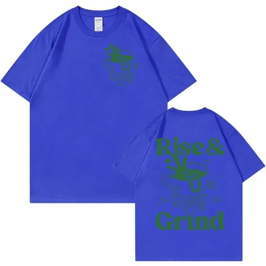 Loose fit linen t-shirt with Rise And Grind text and cartoon coffee graphic