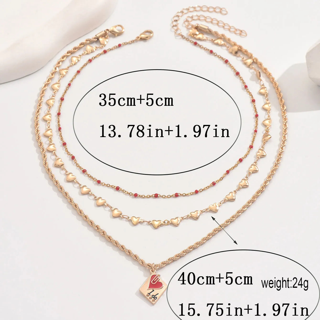 Three-layer zinc alloy clavicle chain necklace with heart pendant, adjustable 41-50cm length