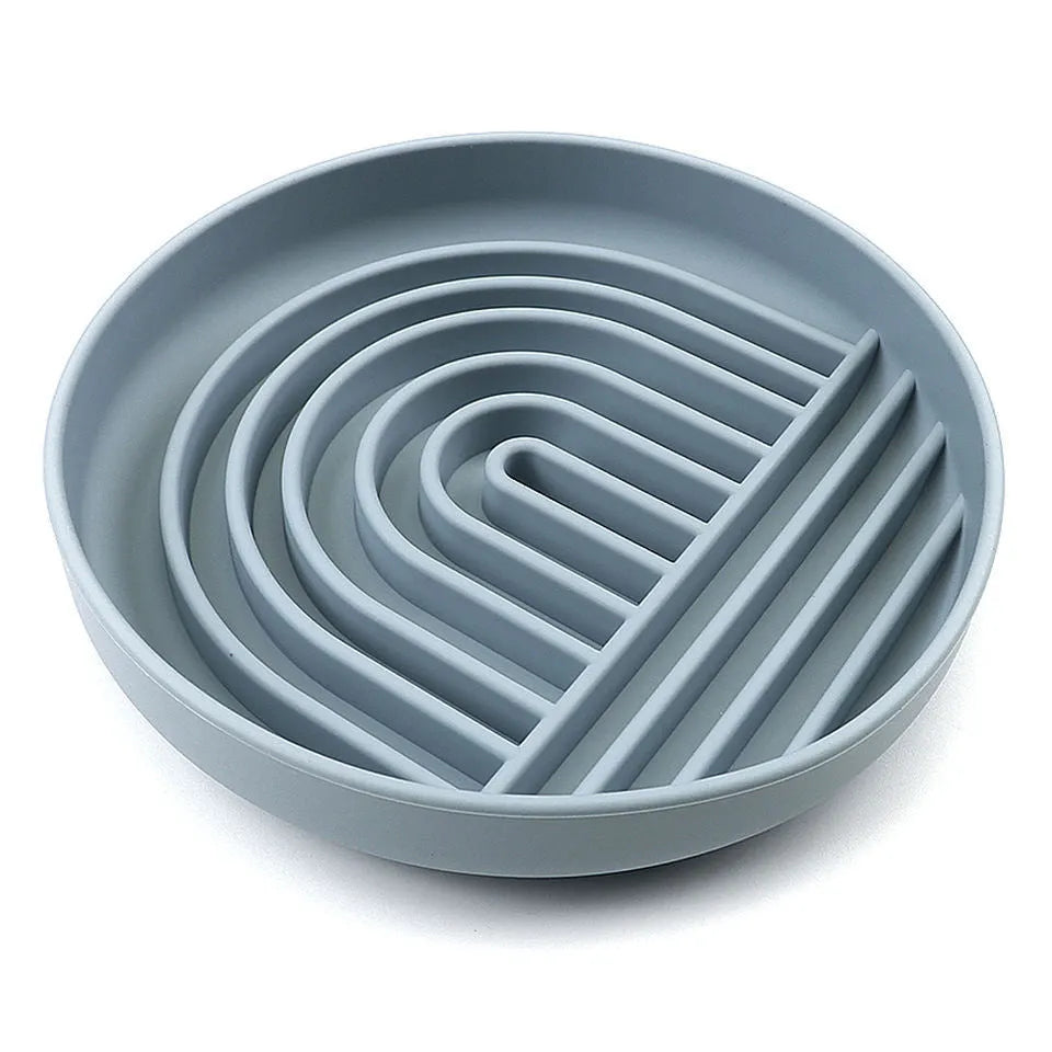 Silicone slow feeder dog bowl with textured ridges, shown in beige colour