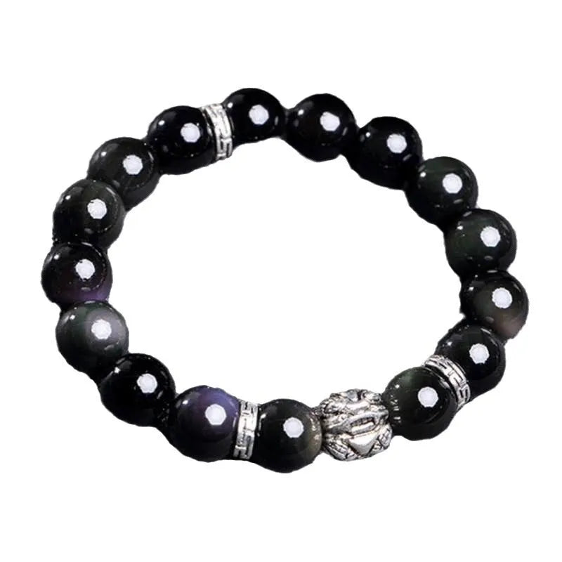 Obsidian bracelet with silver clasp showing male 12MM and female 10MM size options