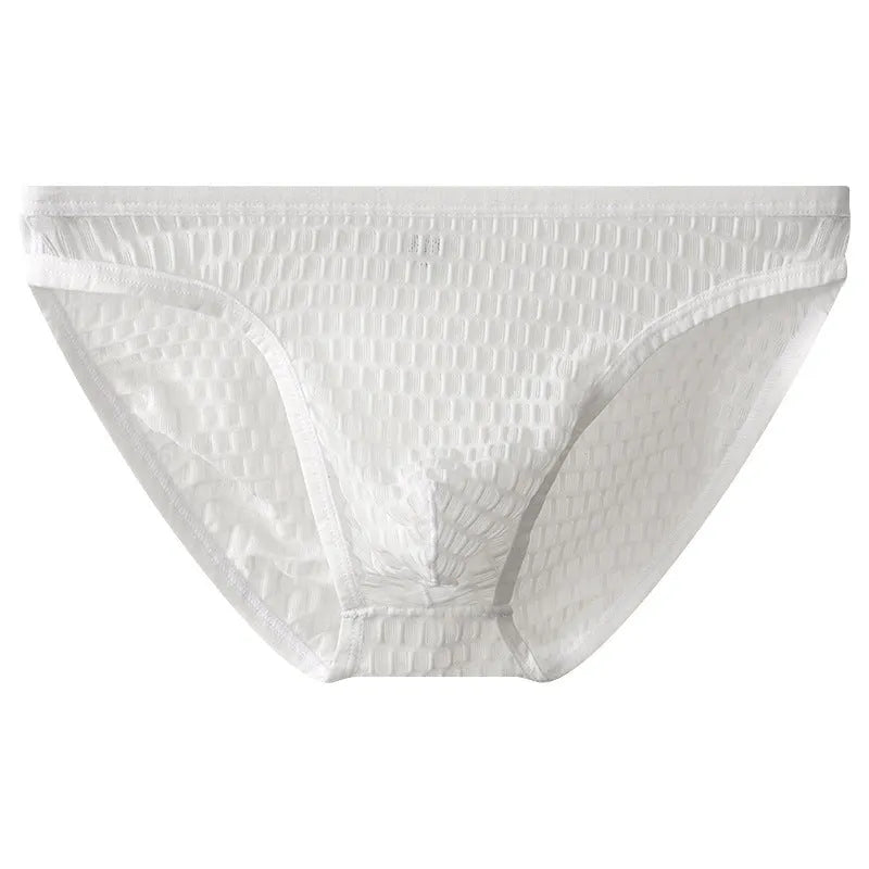 Men's low waist transparent lace underwear in a choice of colours on a size chart.