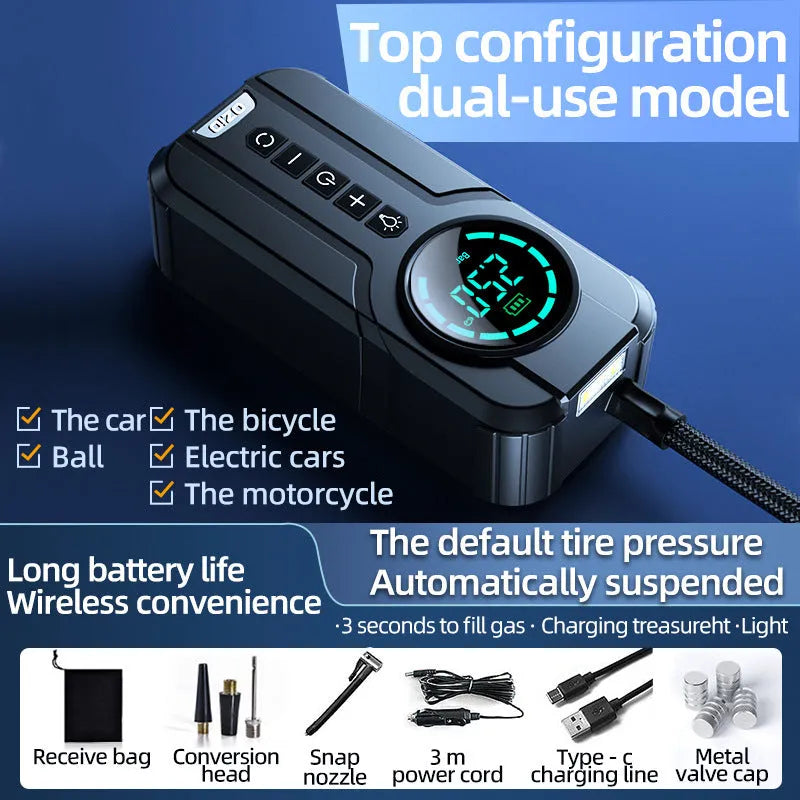 Black wireless portable car air pump with LCD screen, 6000mAh battery, and multiple inflation nozzles on a grey background