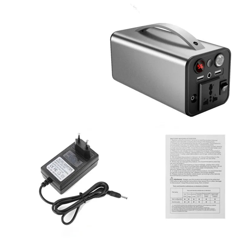 Portable 45000mAh power station with AC DC USB outputs and solar input in black colour