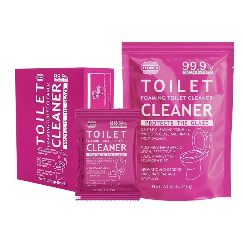 Toilet bubble powder in blue ocean and pink floral fragrances for descaling and anti-blocking